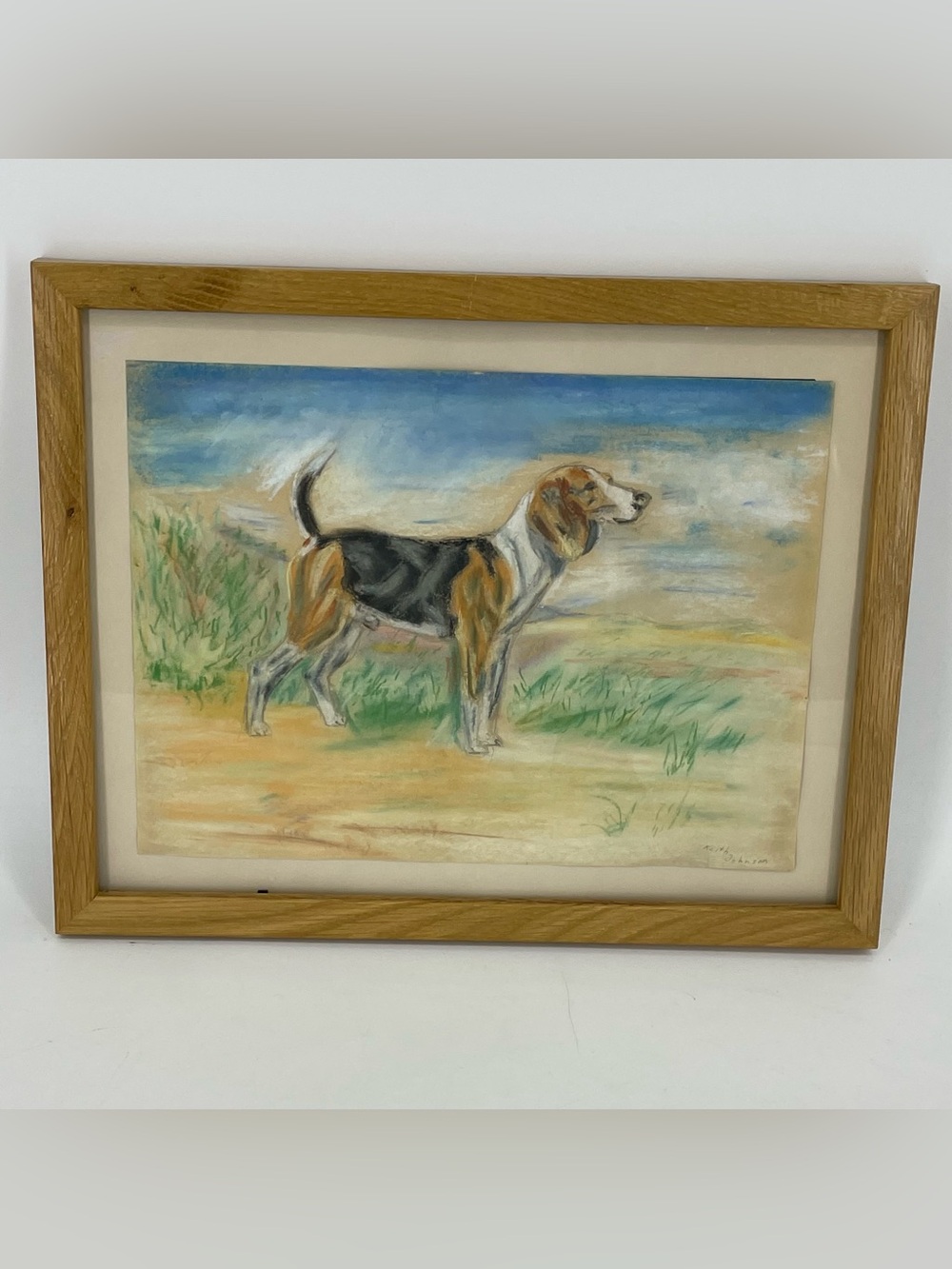 Original art beagle hunting dog framed Keith Johnson signed
